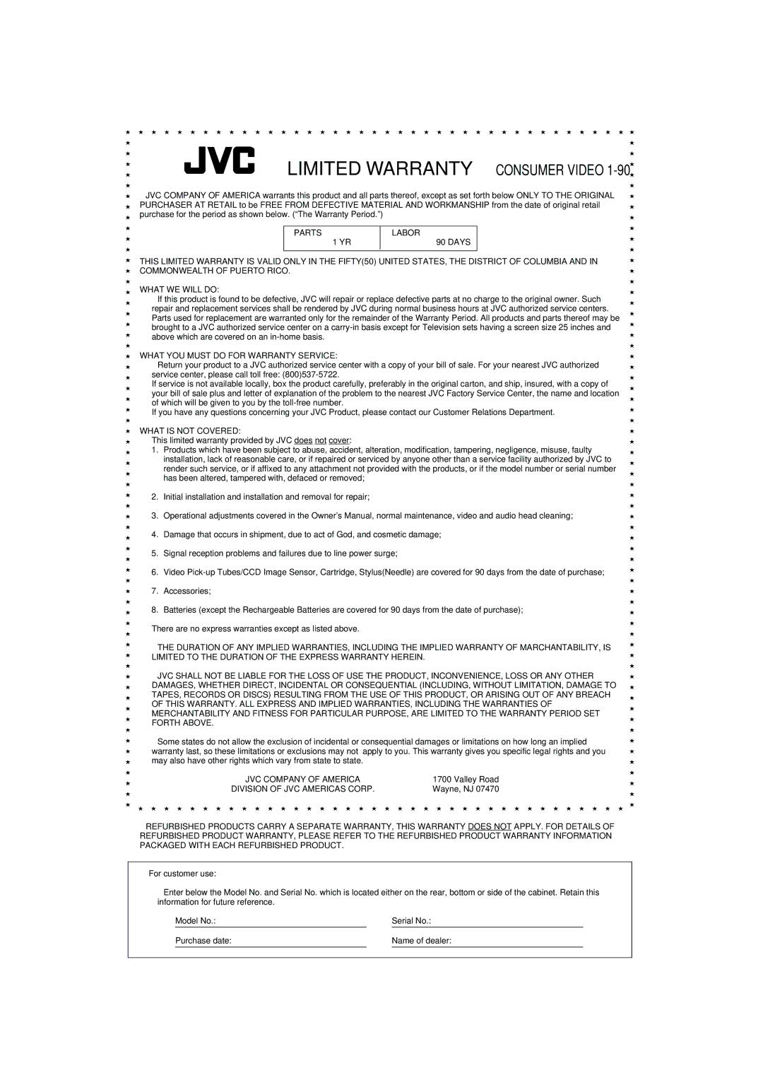 JVC TH-A10 manual Limited Warranty Consumer Video 