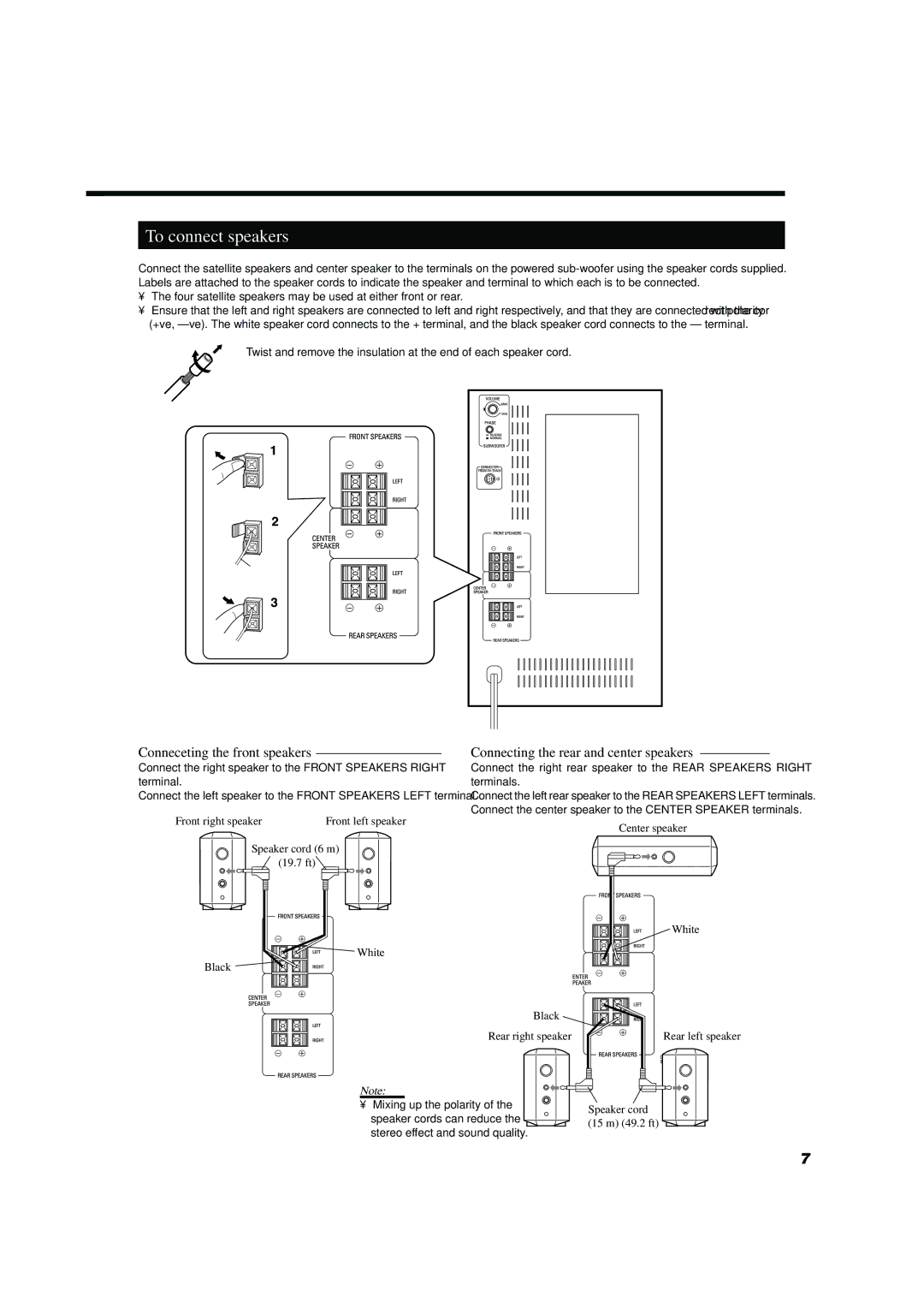 JVC TH-A10 manual To connect speakers, Connecting the rear and center speakers, Conneceting the front speakers 