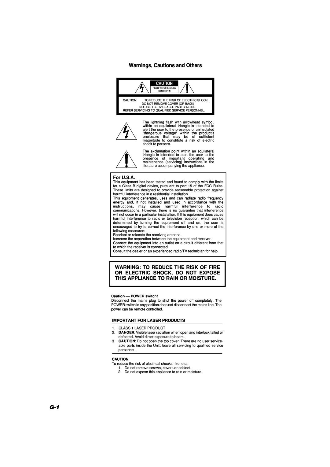 JVC TH-A10 manual For U.S.A, Warnings, Cautions and Others, Important For Laser Products, Caution --POWER switch 