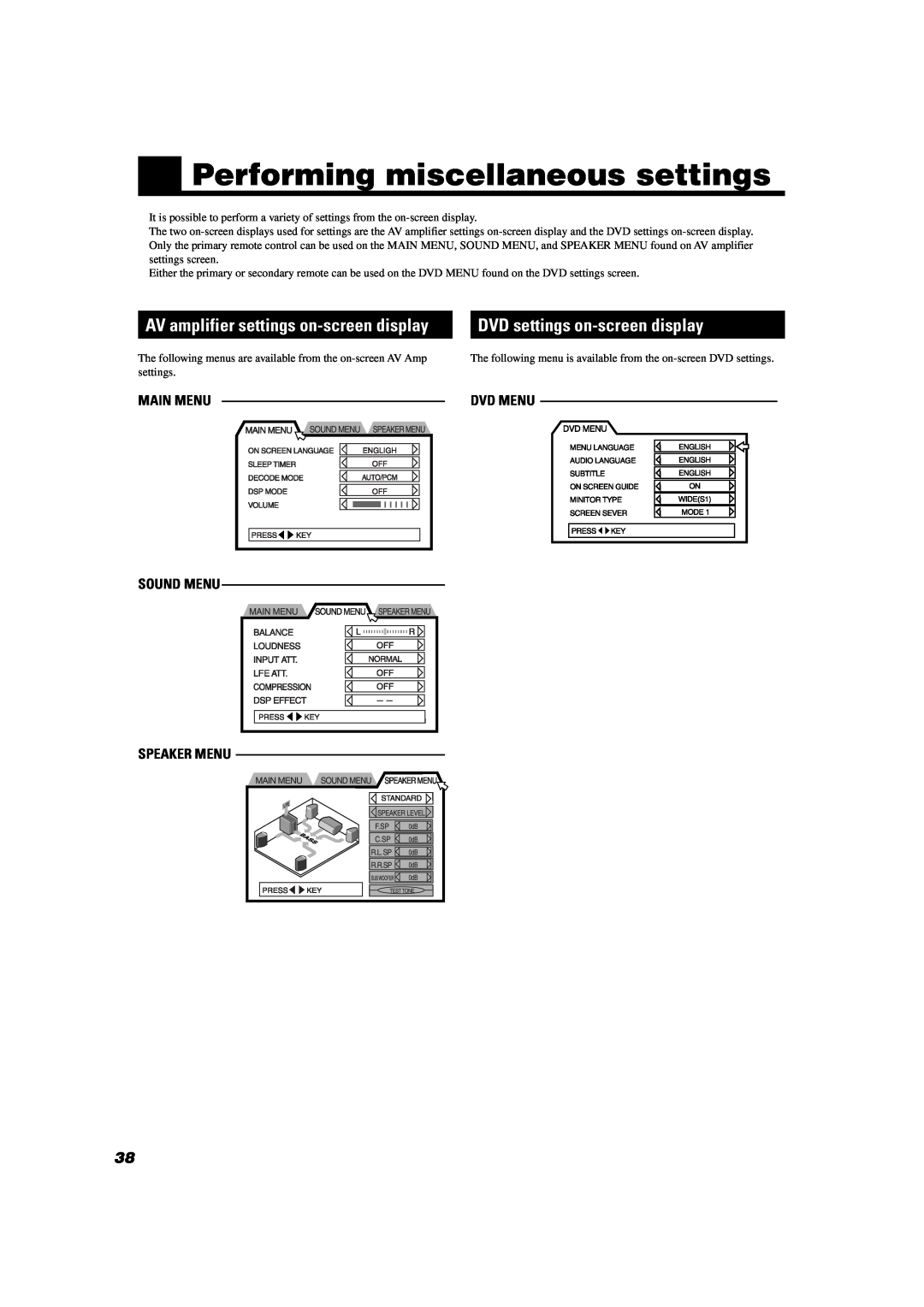 JVC TH-A10 manual Performing miscellaneous settings, DVD settings on-screendisplay, AV amplifier settings on-screendisplay 