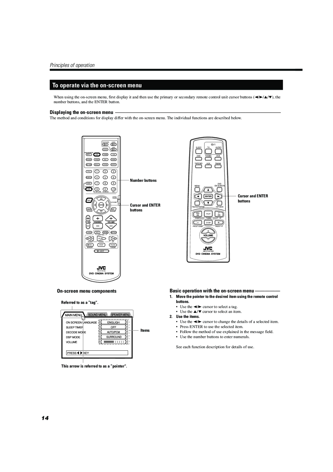 JVC TH-A104 manual To operate via the on-screen menu, Displaying the on-screen menu, On-screen menu components 