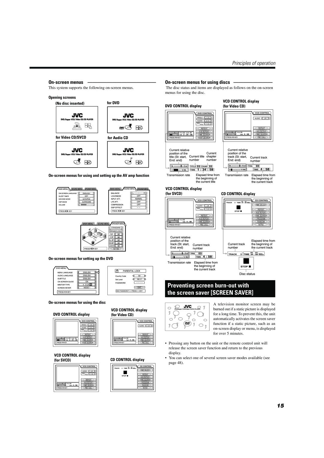 JVC TH-A104 Preventing screen burn-out with Screen saver Screen Saver, On-screen menus On-screen menus for using discs 