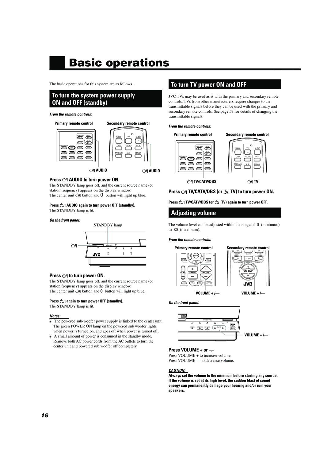 JVC TH-A104 manual Basic operations, To turn the system power supply On and OFF standby, To turn TV power on and OFF 