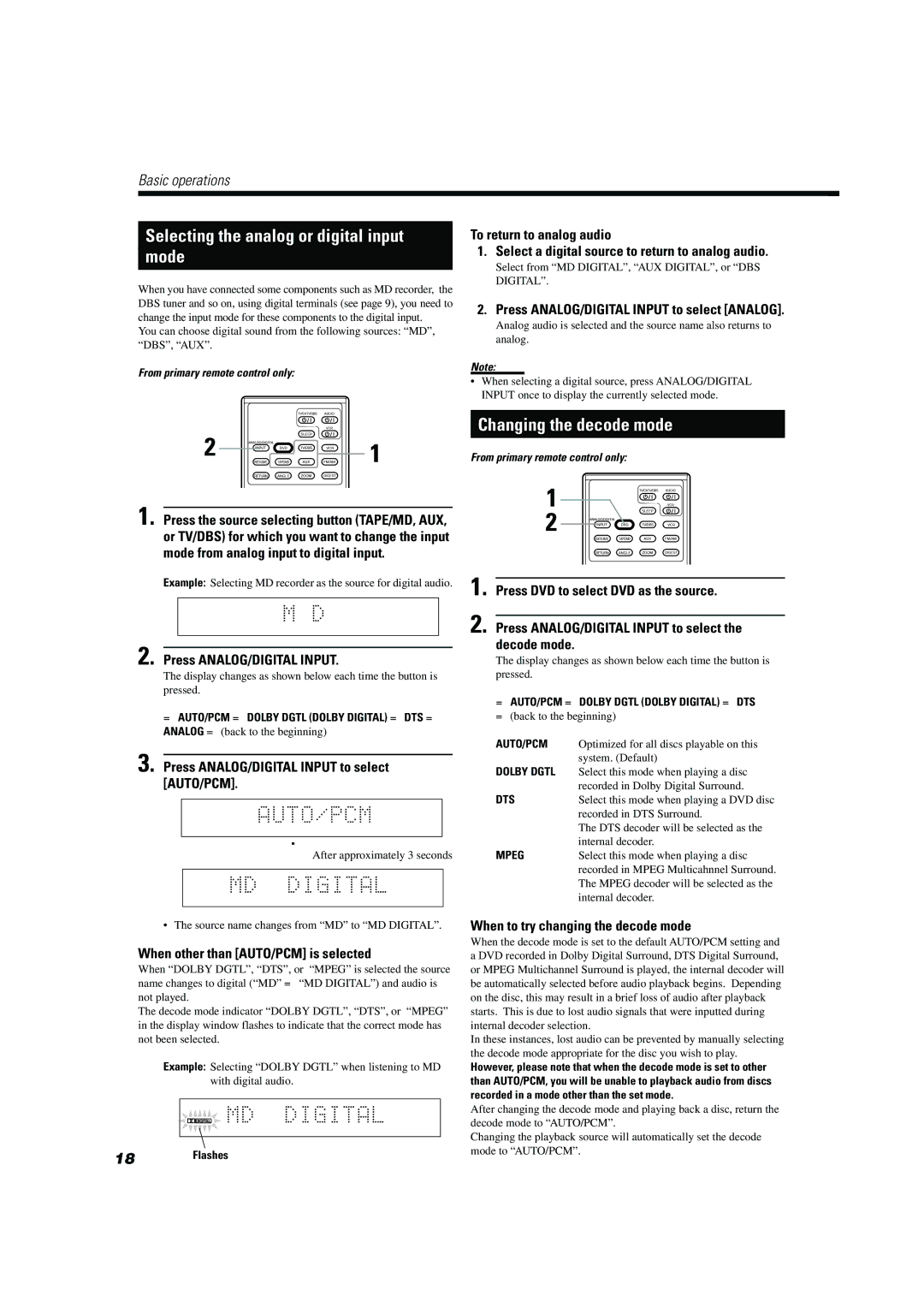 JVC TH-A104 manual Selecting the analog or digital input Mode, Changing the decode mode 