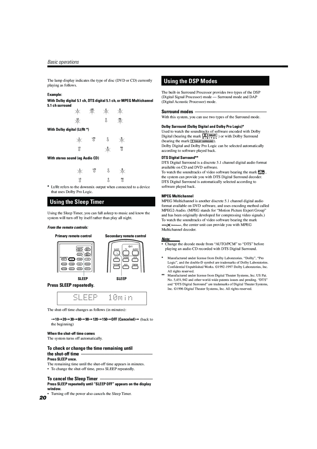 JVC TH-A104 manual Using the Sleep Timer, Using the DSP Modes, Press Sleep repeatedly, Surround modes 