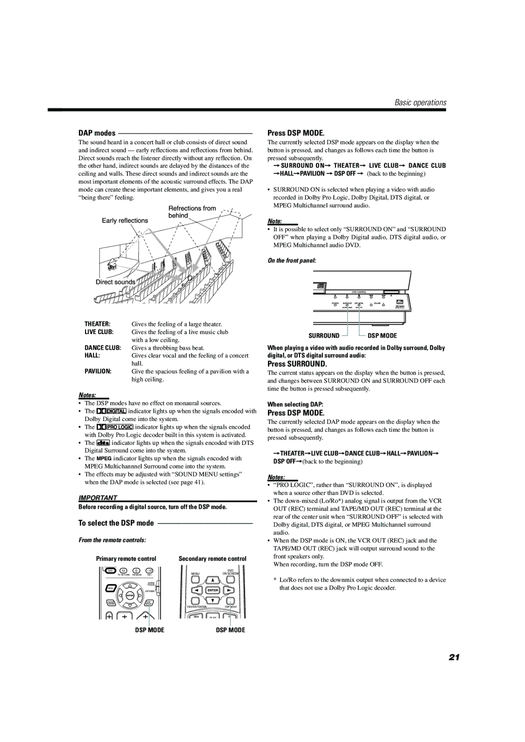 JVC TH-A104 manual DAP modes, Press DSP Mode, Press Surround, Before recording a digital source, turn off the DSP mode 