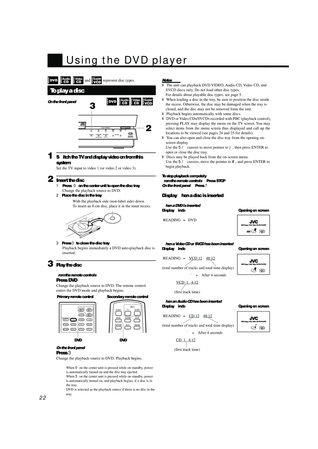 JVC TH-A104 manual Using the DVD player, To play a disc 