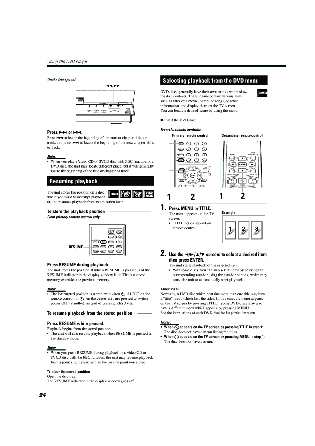 JVC TH-A104 manual Resuming playback, Selecting playback from the DVD menu, Press ¢or, Press Resume during playback 