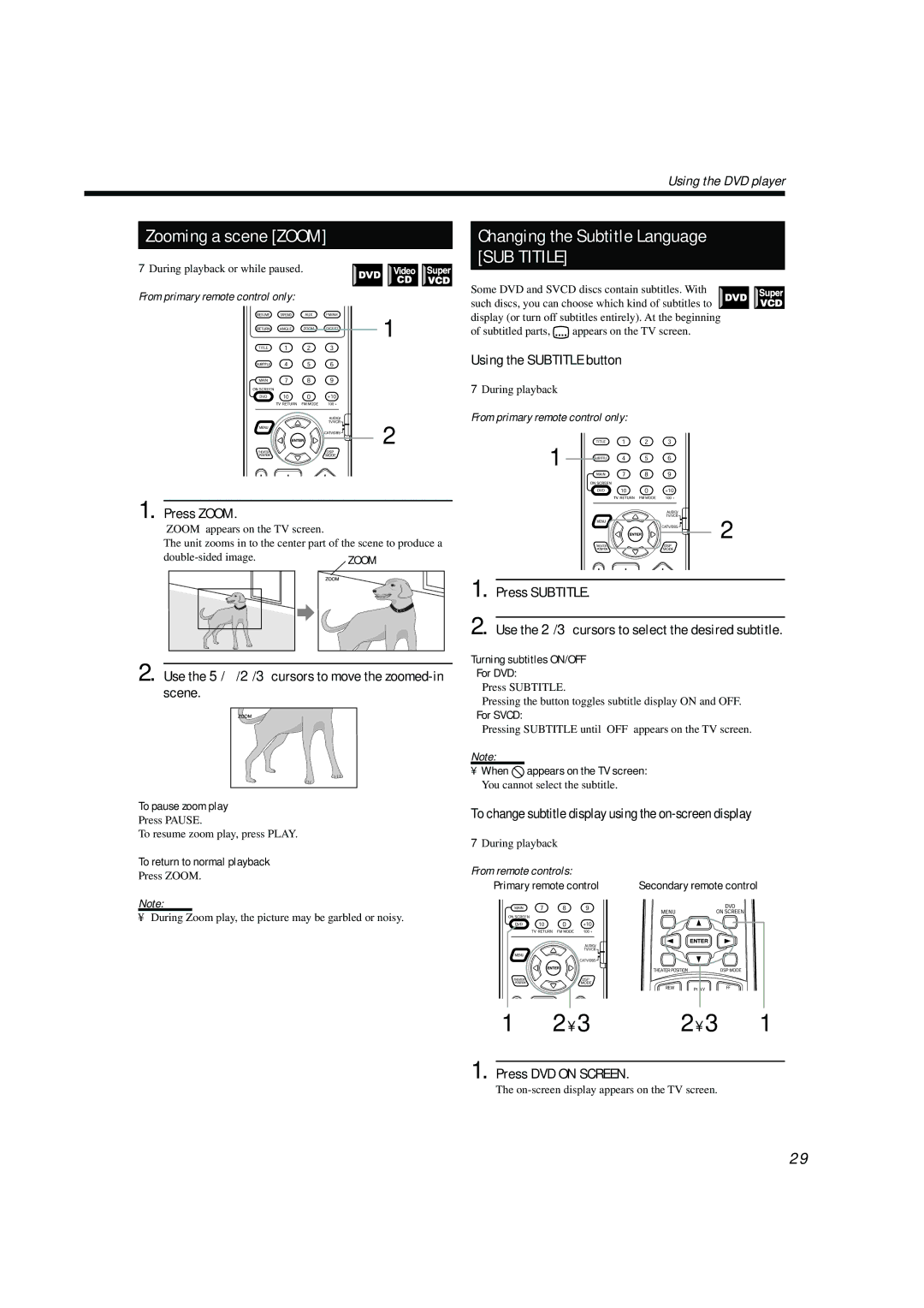 JVC TH-A104 manual Zooming a scene Zoom, Changing the Subtitle Language, Press Zoom, Using the Subtitle button 