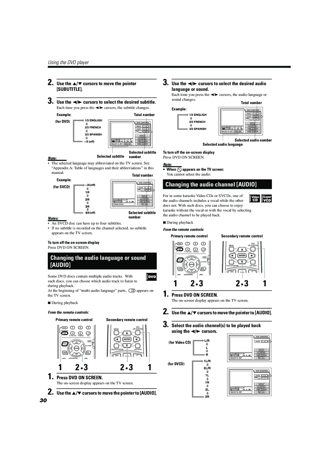 JVC TH-A104 manual Changing the audio channel Audio, Use the 5/∞cursors to move the pointer Subutitle 