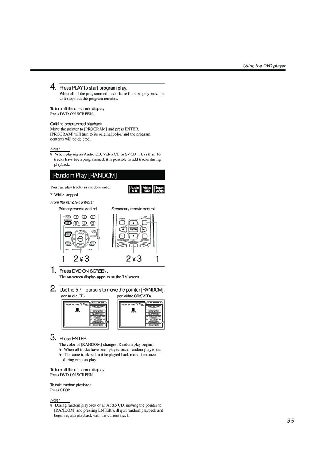 JVC TH-A104 manual Random Play Random, Press Play to start program play, Use the 5/∞cursors to move the pointer Random 