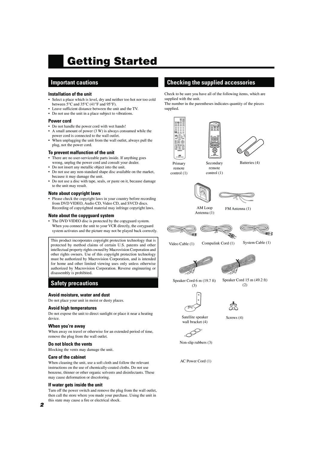 JVC TH-A104 manual Getting Started, Important cautions, Safety precautions, Checking the supplied accessories 