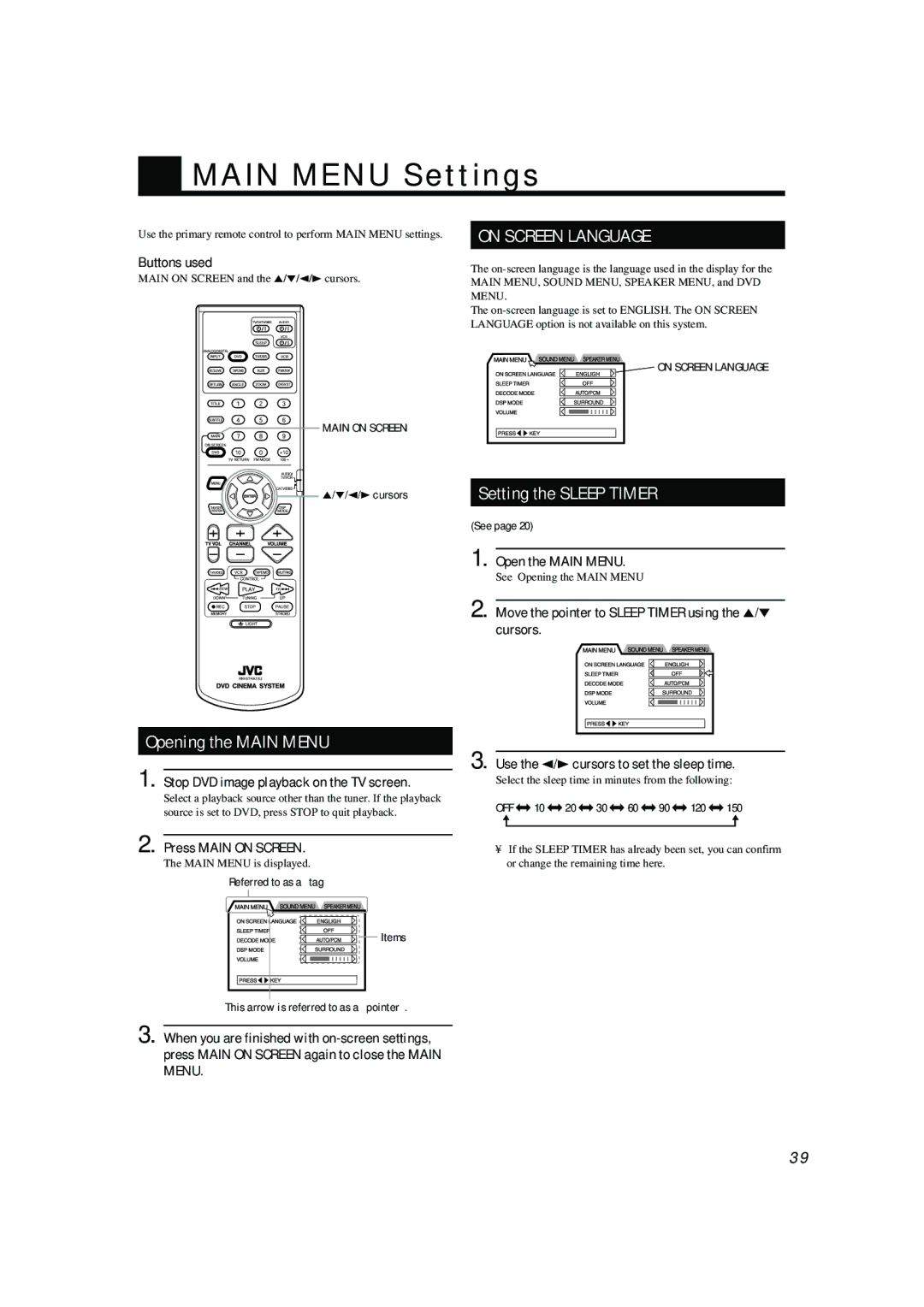 JVC TH-A104 manual Main Menu Settings, Opening the Main Menu, Setting the Sleep Timer 