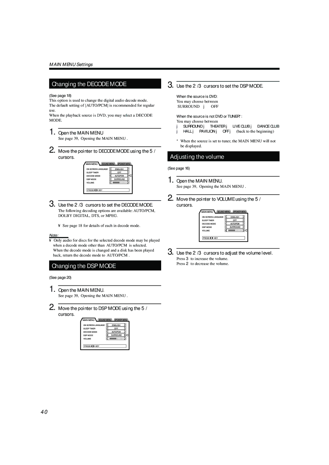 JVC TH-A104 manual Changing the DSP Mode, Adjusting the volume, Move the pointer to Decode Mode using the 5/∞ cursors 