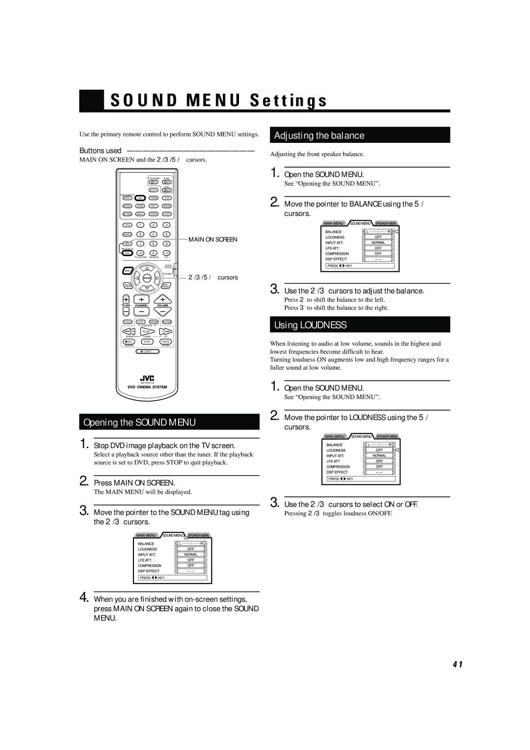 JVC TH-A104 manual Sound Menu Settings, Adjusting the balance, Using Loudness, Opening the Sound Menu, Open the Sound Menu 