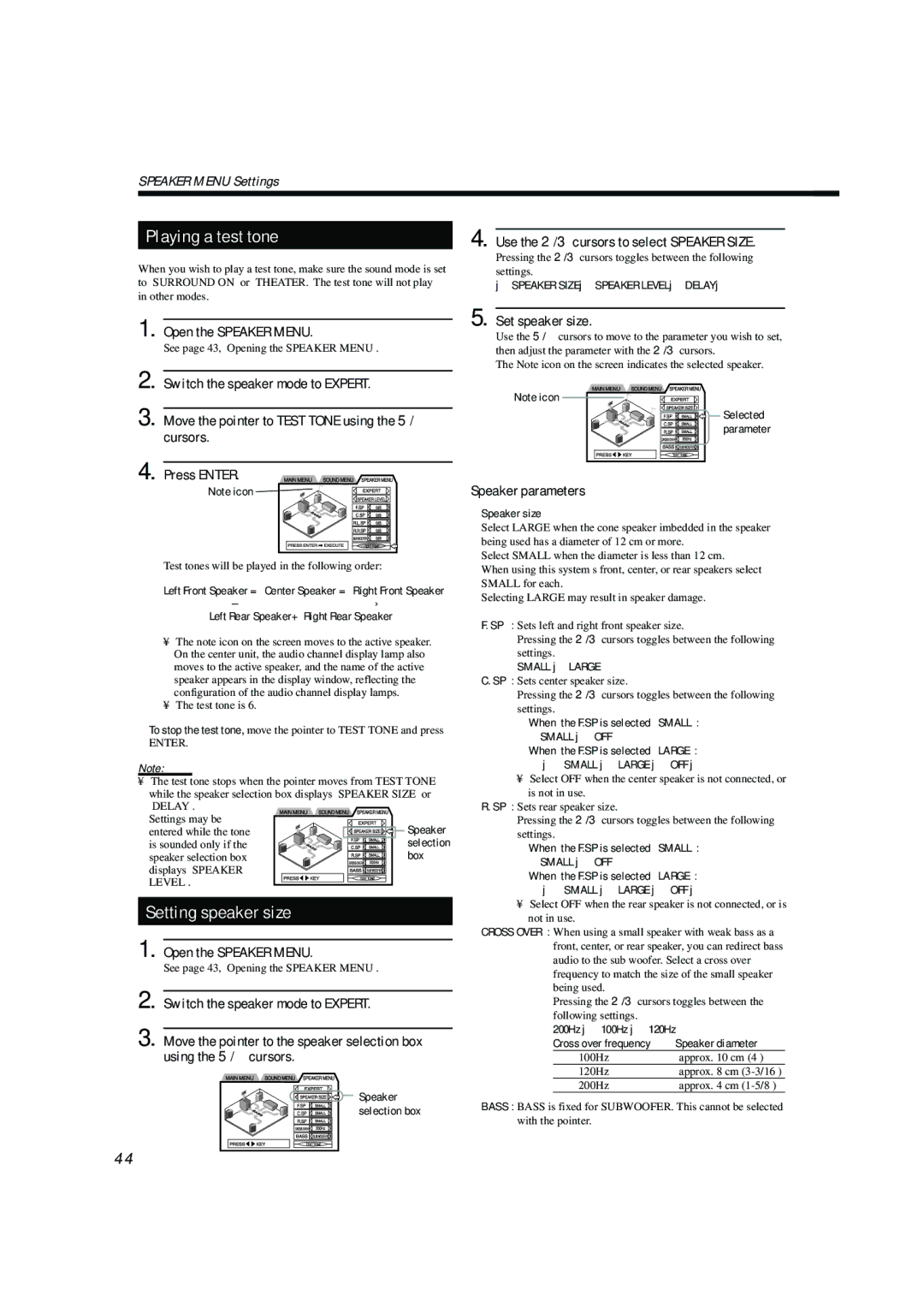 JVC TH-A104 manual Setting speaker size, Use the 2/3cursors to select Speaker Size, Set speaker size, Speaker parameters 