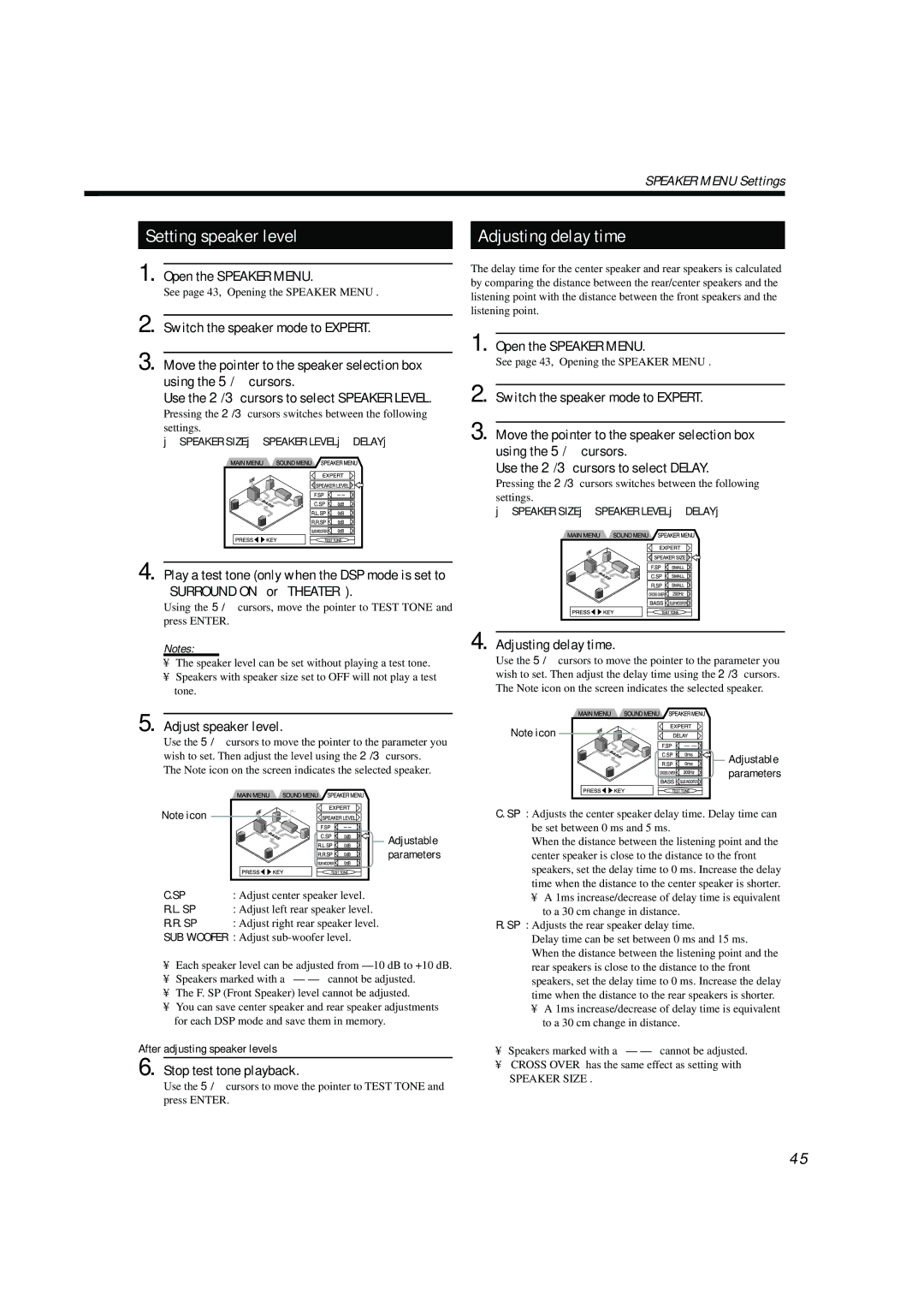 JVC TH-A104 manual Adjusting delay time, Adjust speaker level, Stop test tone playback, After adjusting speaker levels 