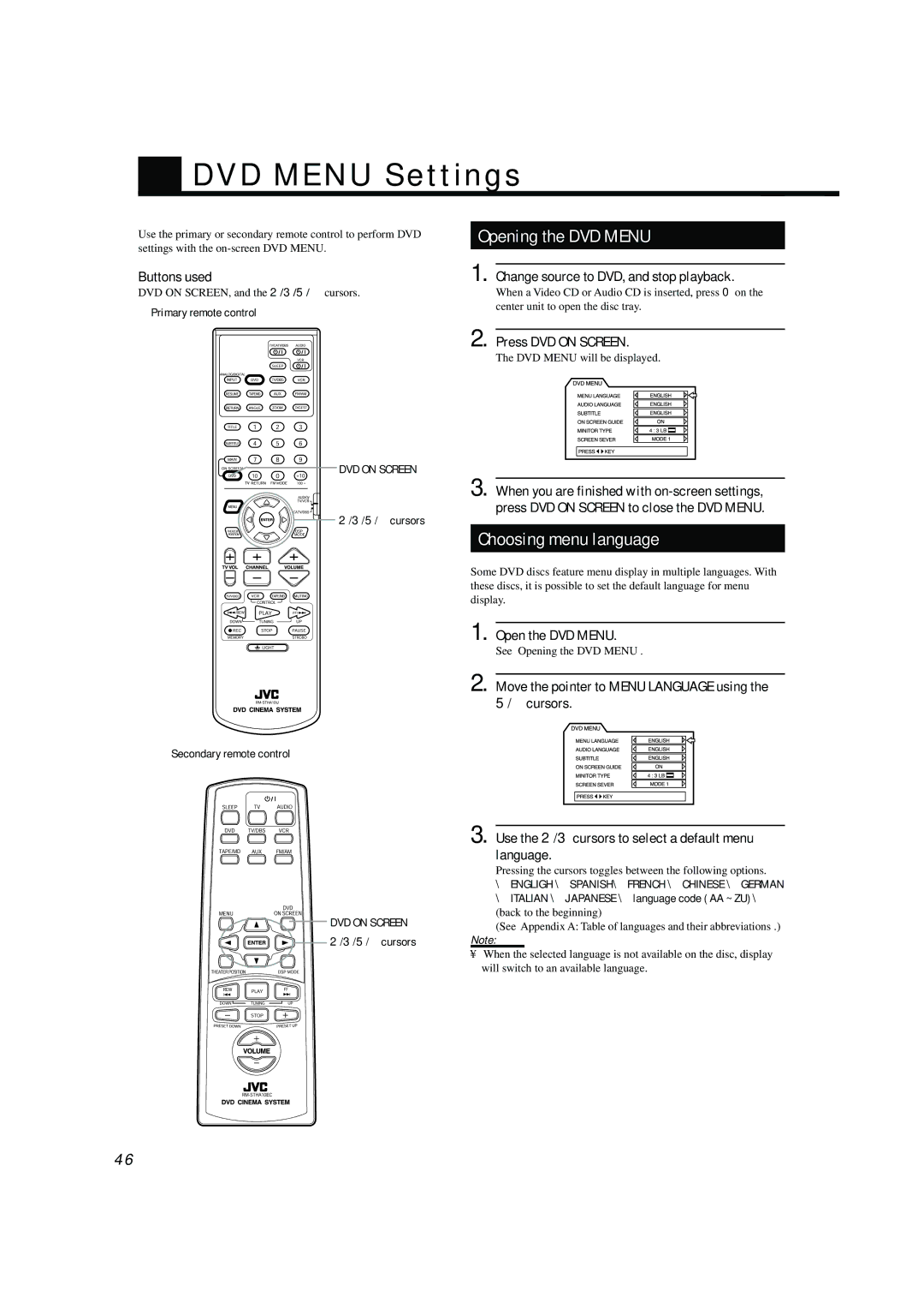 JVC TH-A104 manual DVD Menu Settings, Opening the DVD Menu, Choosing menu language, Change source to DVD, and stop playback 