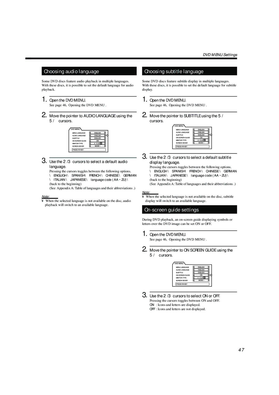 JVC TH-A104 manual Choosing audio language, Choosing subtitle language, On-screen guide settings 