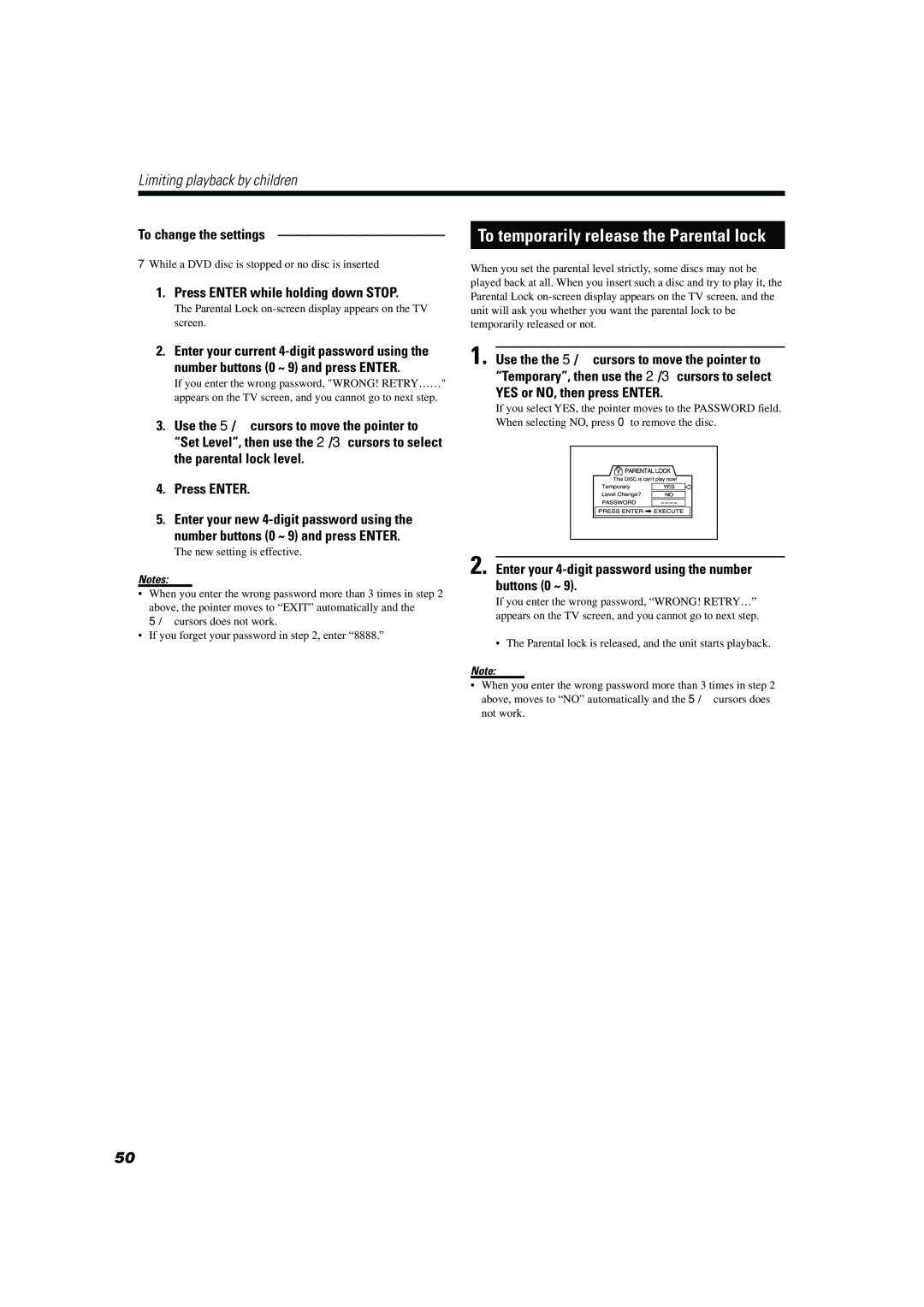 JVC TH-A104 manual To temporarily release the Parental lock, To change the settings, YES or NO, then press Enter 