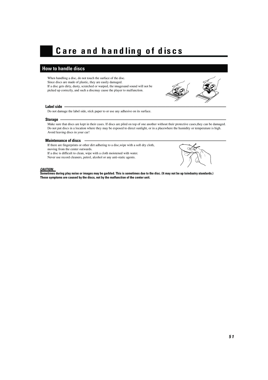 JVC TH-A104 manual Care and handling of discs, How to handle discs, Label side, Storage, Maintenance of discs 