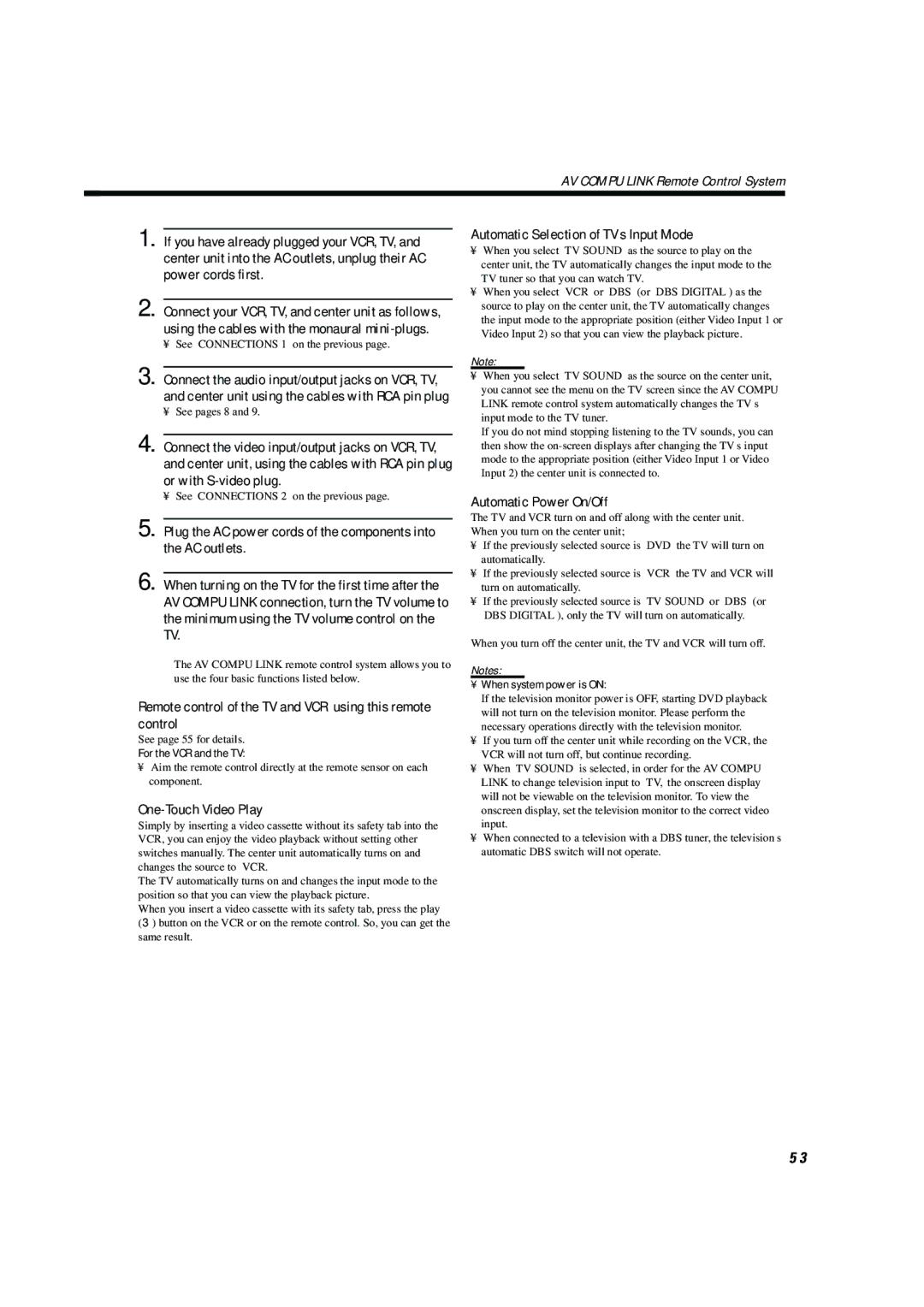 JVC TH-A104 manual Automatic Selection of TV’s Input Mode, Automatic Power On/Off, For the VCR and the TV 