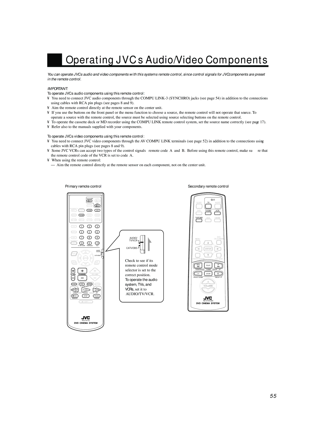 JVC TH-A104 manual Operating JVC’s Audio/Video Components, To operate JVC’s audio components using this remote control 