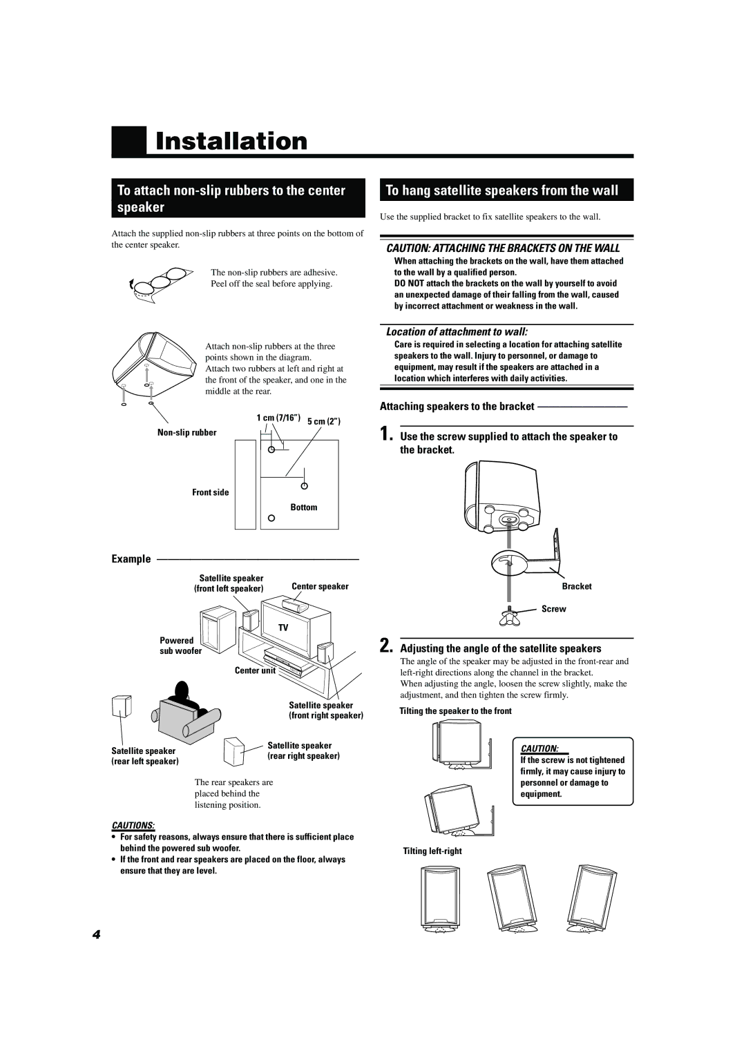 JVC TH-A104 manual Installation, Speaker, To hang satellite speakers from the wall, Example 