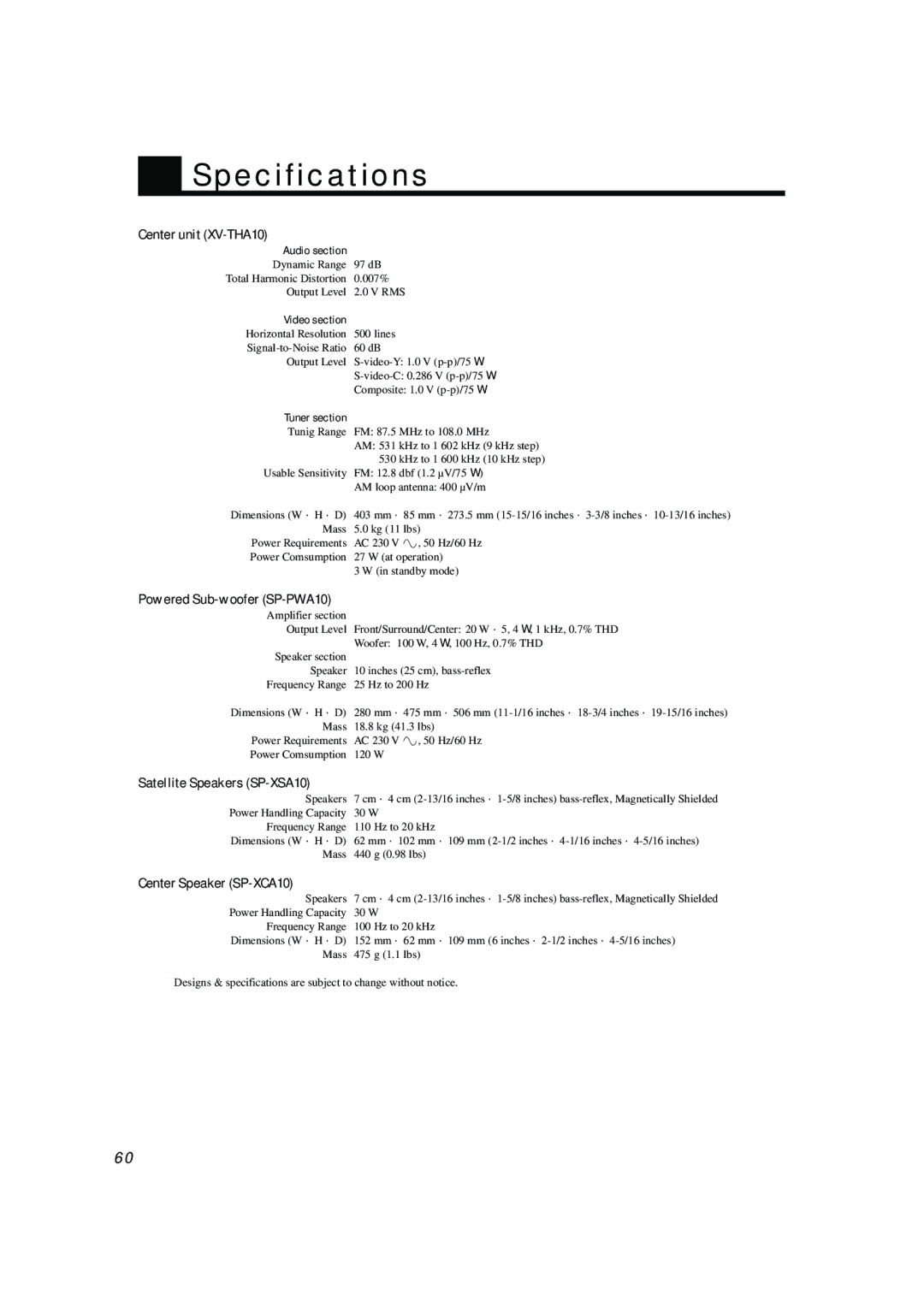 JVC TH-A104 manual Specifications, Center unit XV-THA10, Satellite Speakers SP-XSA10, Center Speaker SP-XCA10 