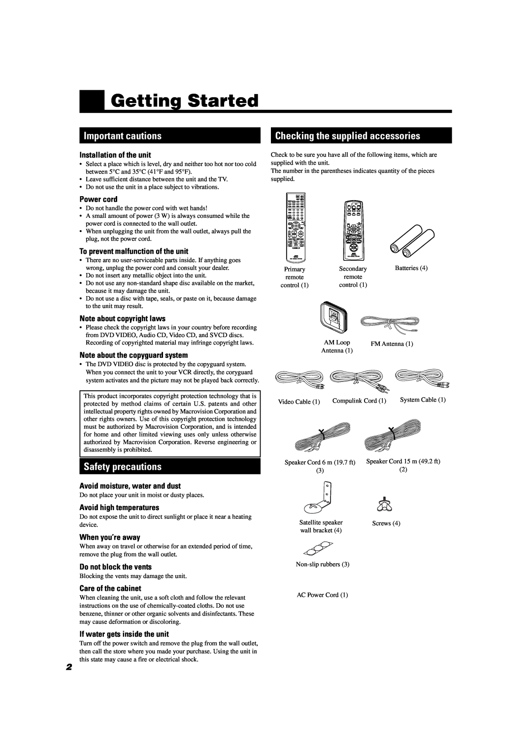 JVC TH-A104 manual Getting Started, Important cautions, Safety precautions, Checking the supplied accessories, Power cord 