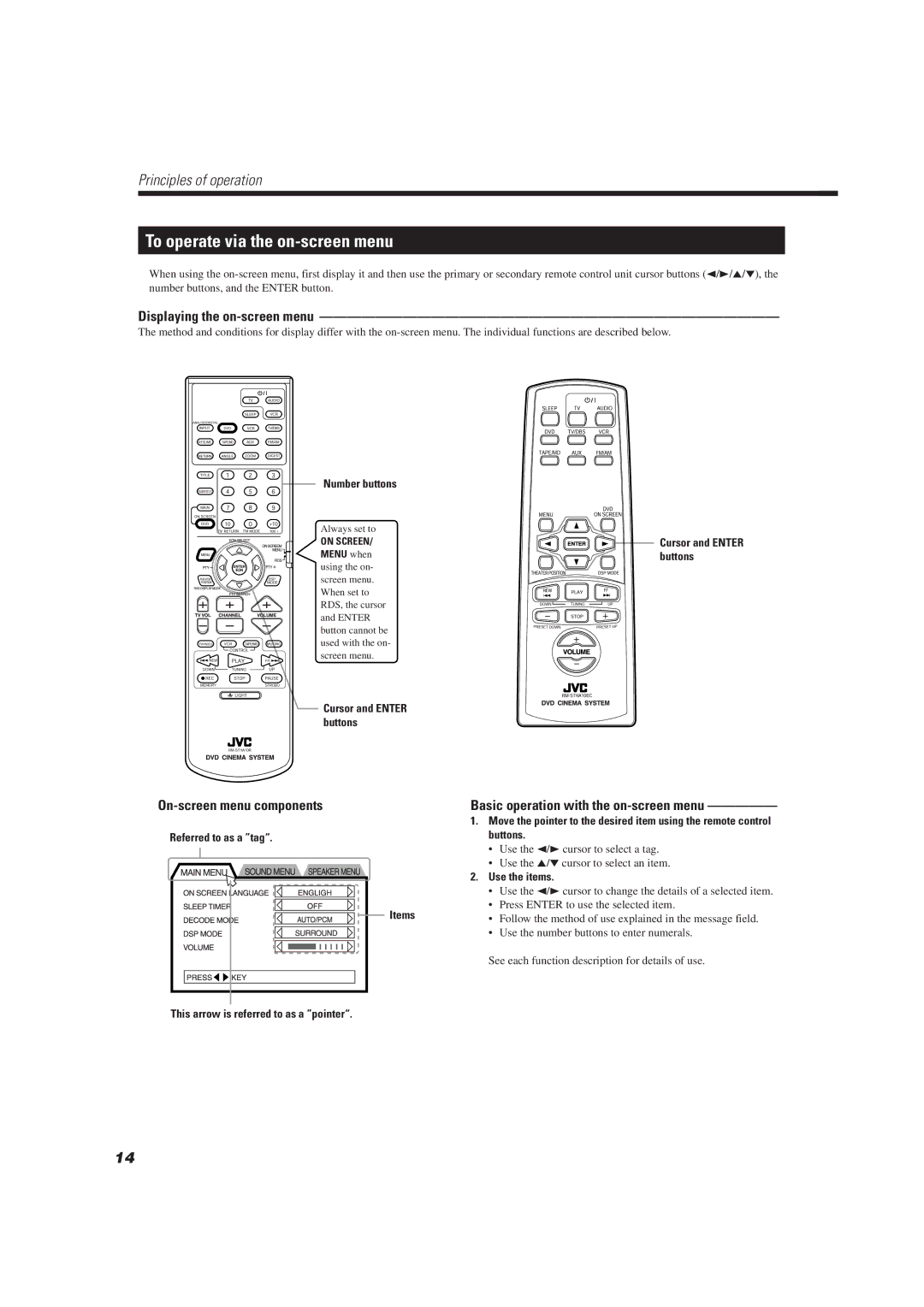 JVC TH-A10R manual To operate via the on-screen menu, Displaying the on-screen menu, On-screen menu components 