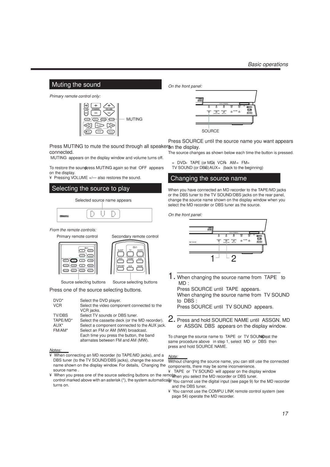 JVC TH-A10R manual Muting the sound, Selecting the source to play, Changing the source name 