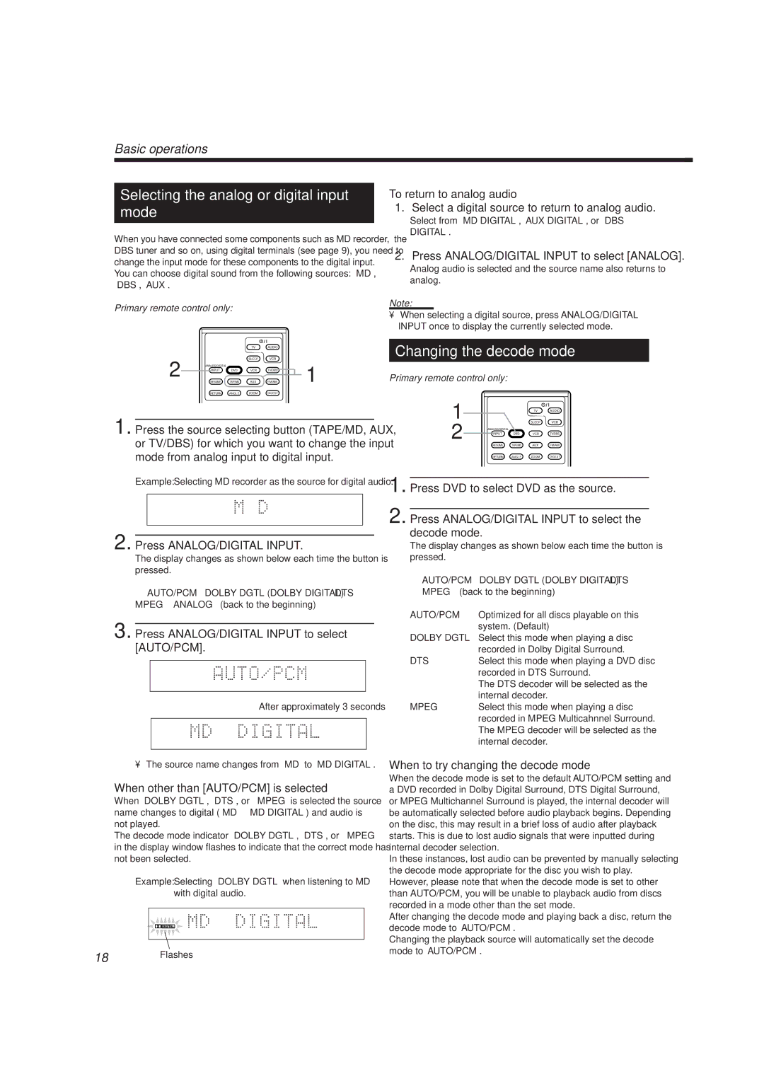 JVC TH-A10R manual Selecting the analog or digital input Mode, Changing the decode mode 