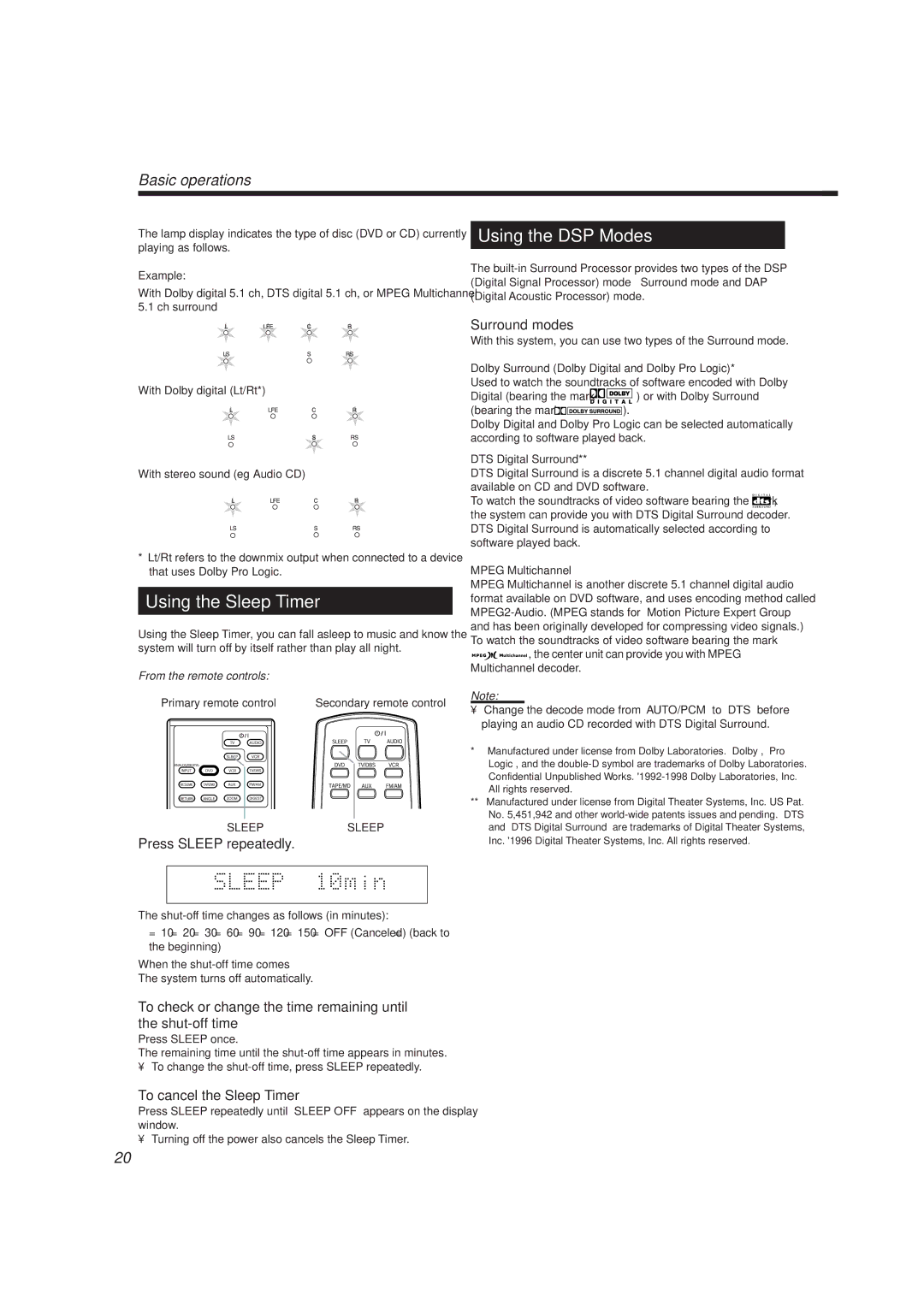 JVC TH-A10R manual Using the Sleep Timer, Using the DSP Modes, Press Sleep repeatedly, Surround modes 