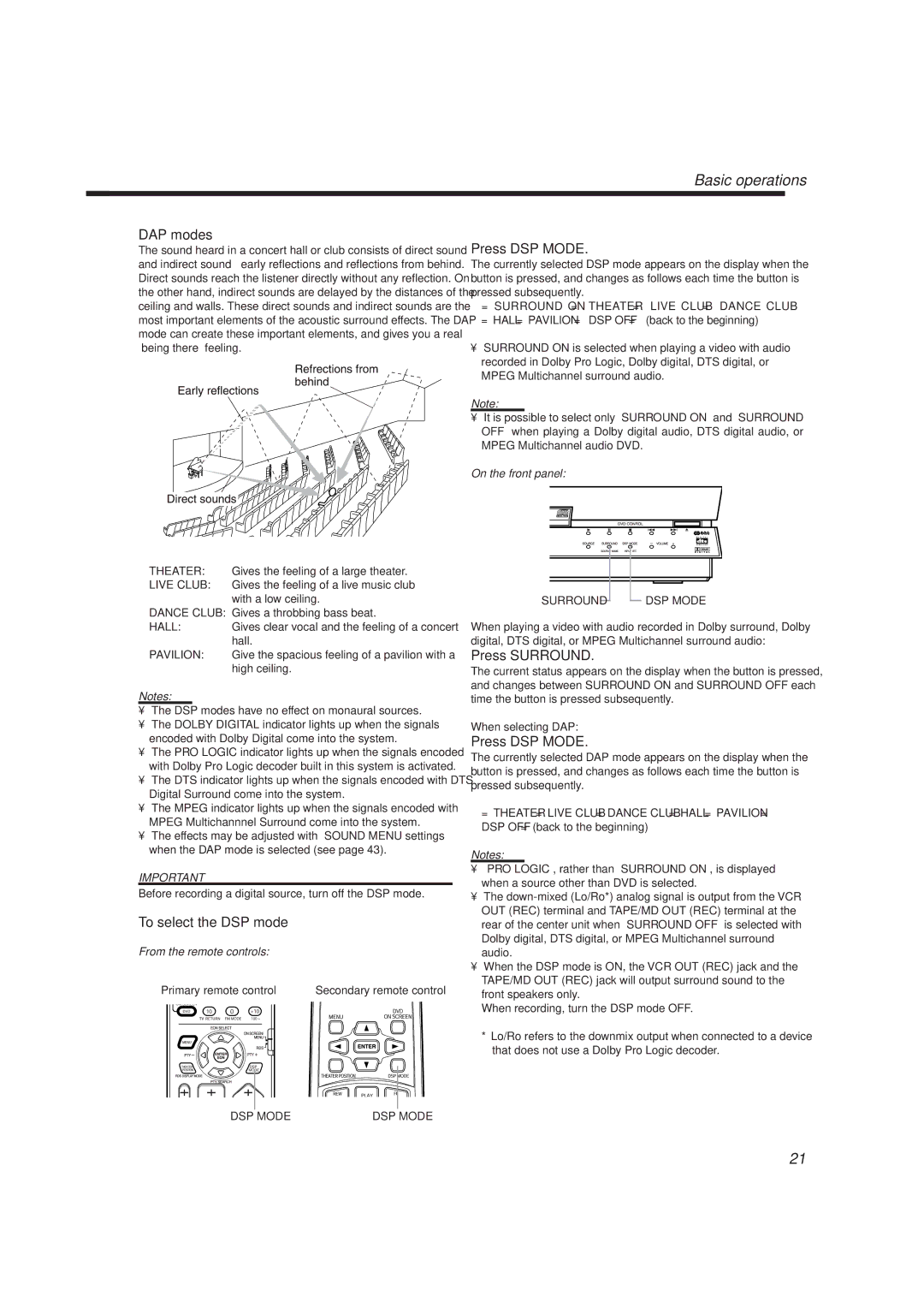 JVC TH-A10R manual DAP modes, Press DSP Mode, Press Surround, =SURROUND ON= THEATER= Live CLUB= Dance Club 