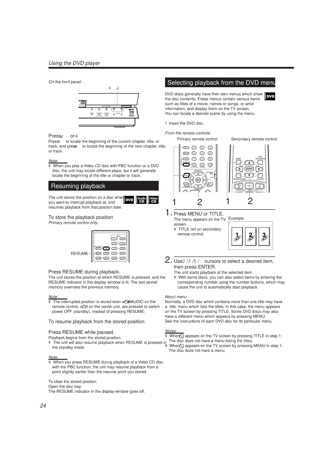 JVC TH-A10R manual Resuming playback, Selecting playback from the DVD menu, Press ¢or, Press Resume during playback 