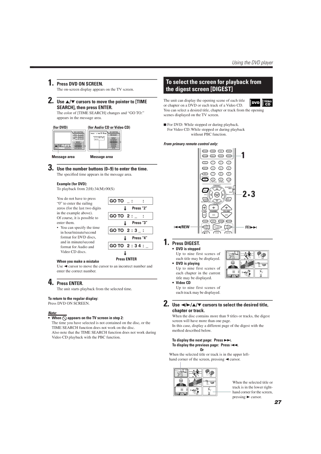 JVC TH-A10R manual To select the screen for playback from Digest screen Digest, Press Digest 