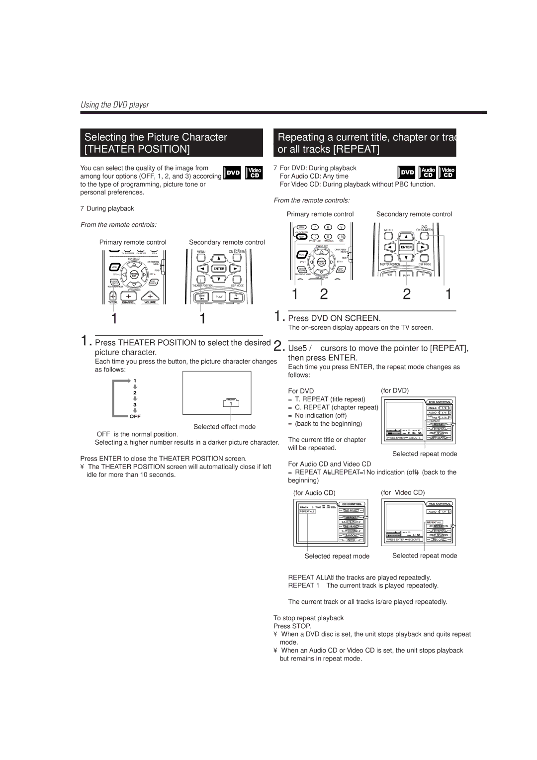 JVC TH-A10R manual Selecting the Picture Character, Or all tracks Repeat 