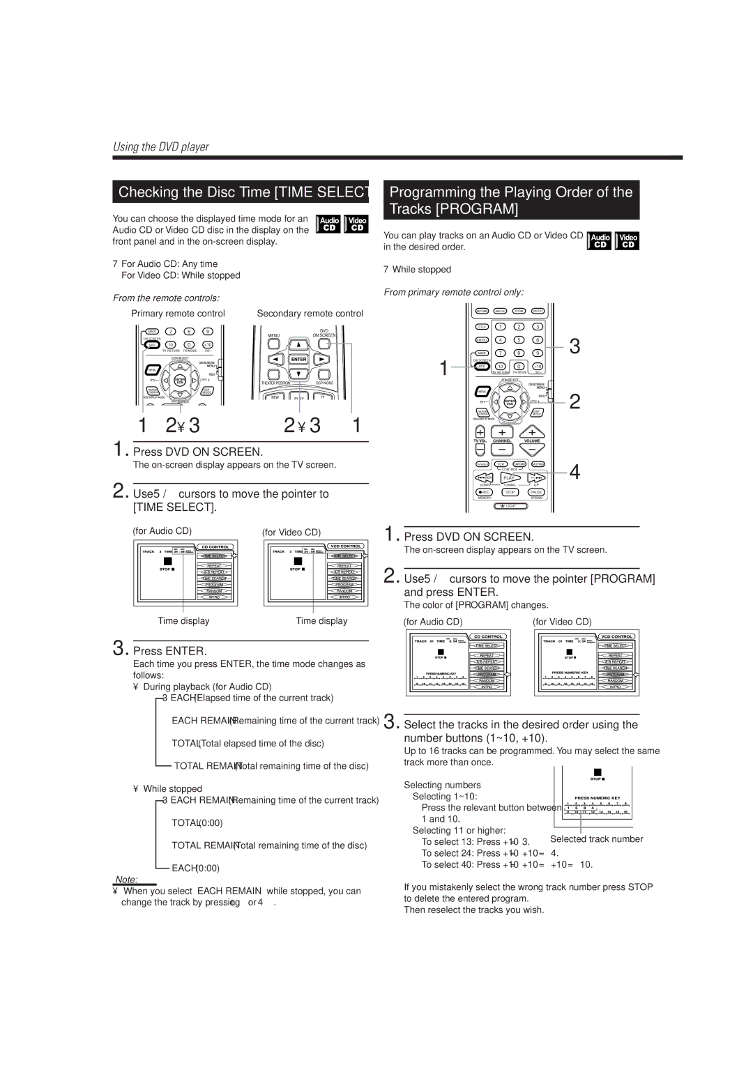 JVC TH-A10R manual Programming the Playing Order Tracks Program, Use 5/cursors to move the pointer to Time Select 