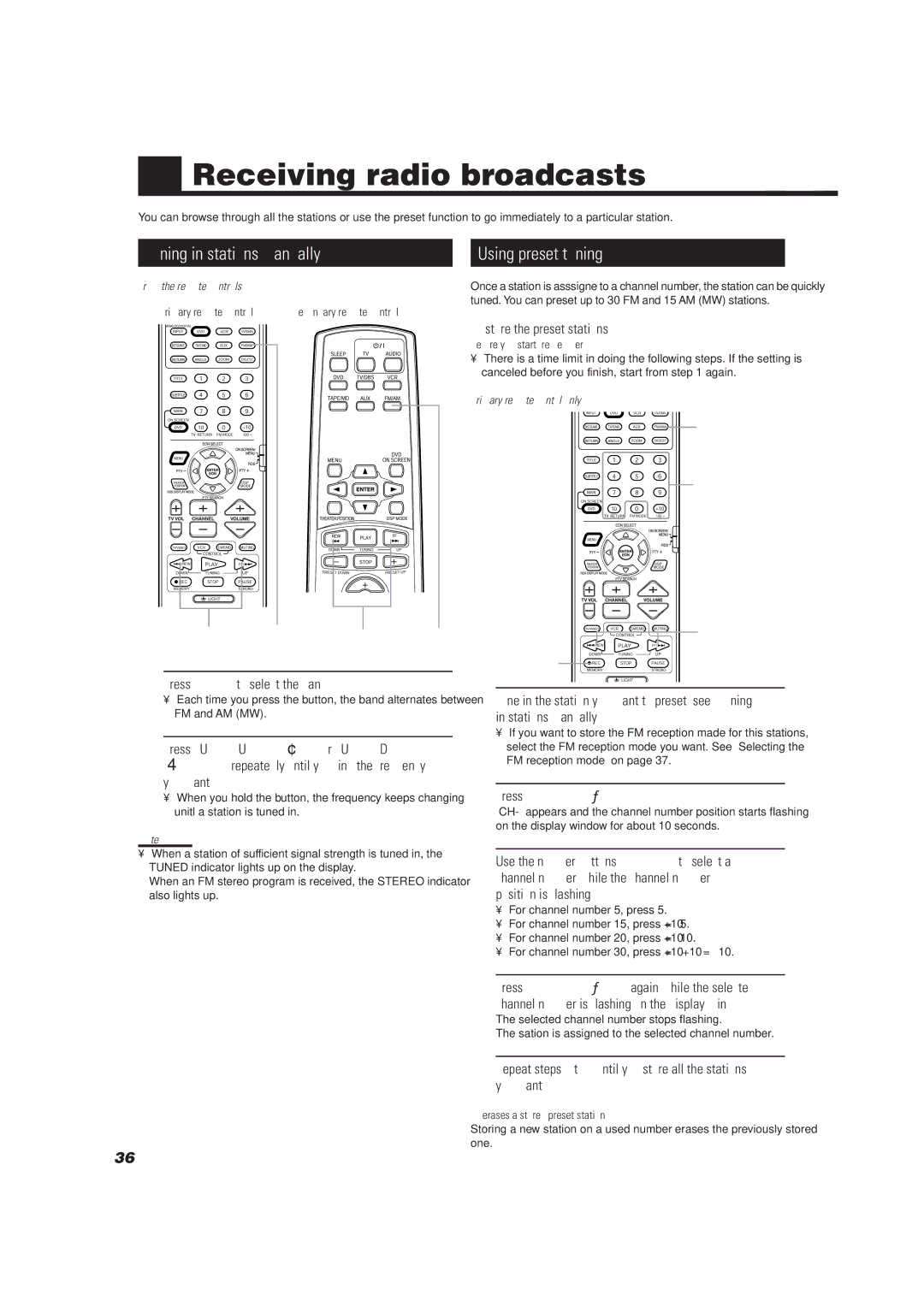 JVC TH-A10R Receiving radio broadcasts, Tuning in stations manually, Using preset tuning 