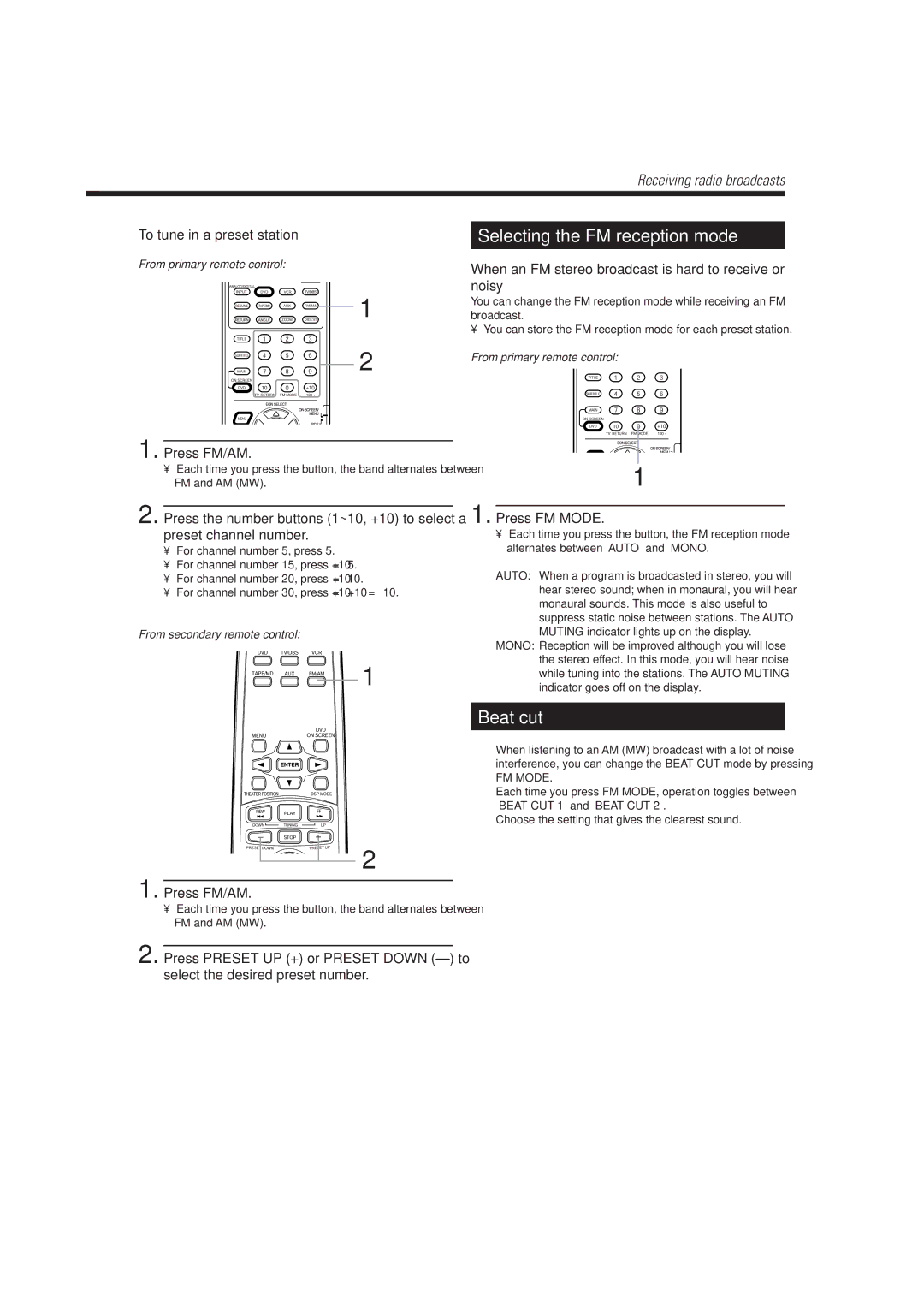 JVC TH-A10R manual Selecting the FM reception mode, Beat cut, Press FM/AM, Press FM Mode 