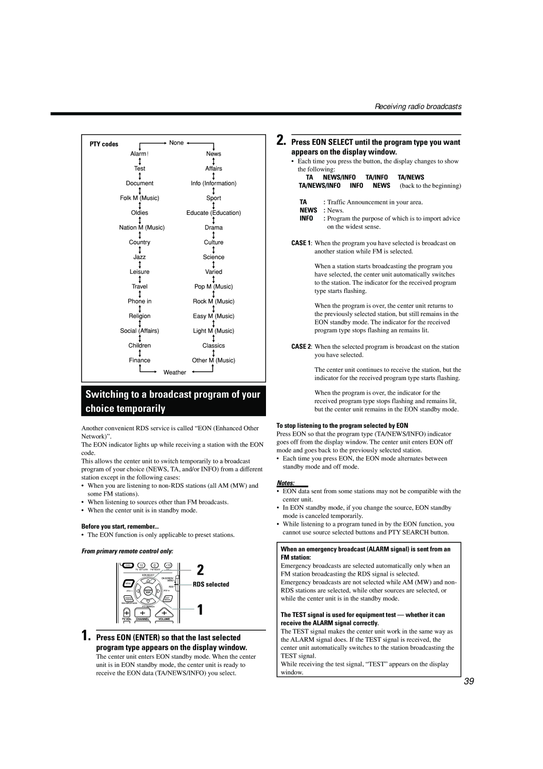 JVC TH-A10R manual Choice temporarily, PTY codes, To stop listening to the program selected by EON 