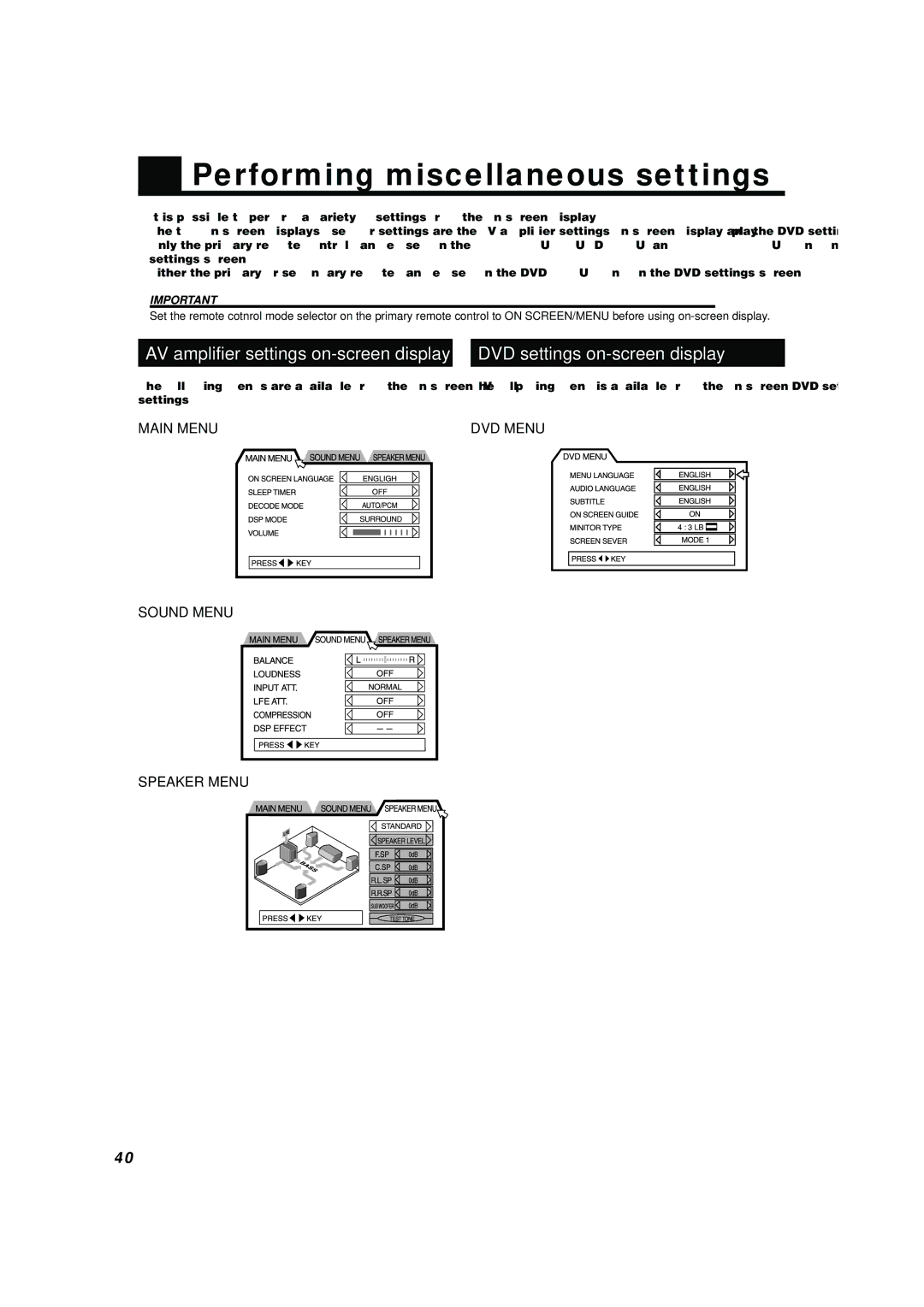 JVC TH-A10R manual Performing miscellaneous settings, DVD settings on-screen display, Main Menu, Sound Menu Speaker Menu 