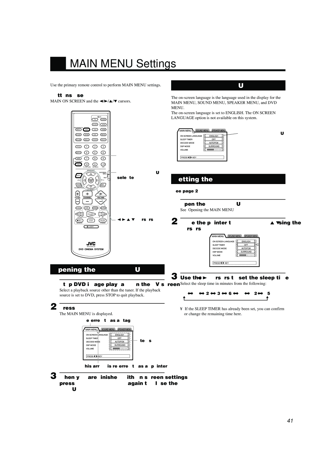 JVC TH-A10R manual Main Menu Settings, Opening the Main Menu, Setting the Sleep Timer 