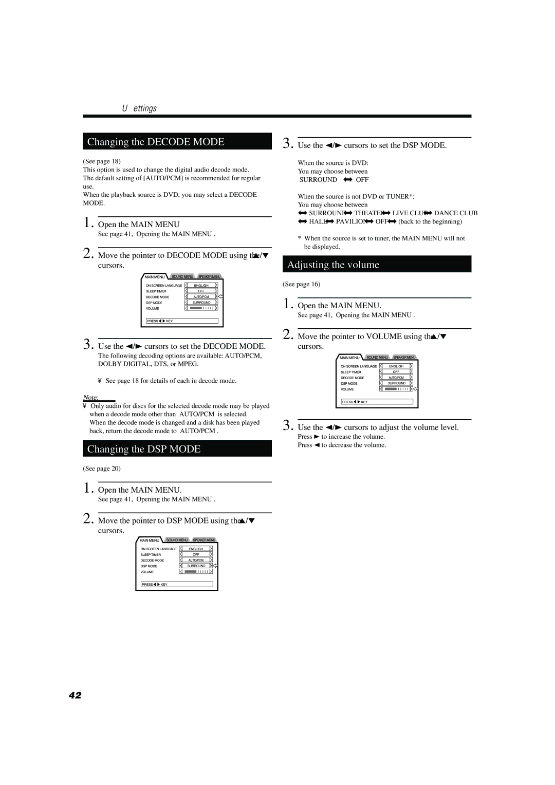 JVC TH-A10R manual Changing the DSP Mode, Adjusting the volume, Move the pointer to Decode Mode using the 5/ cursors 