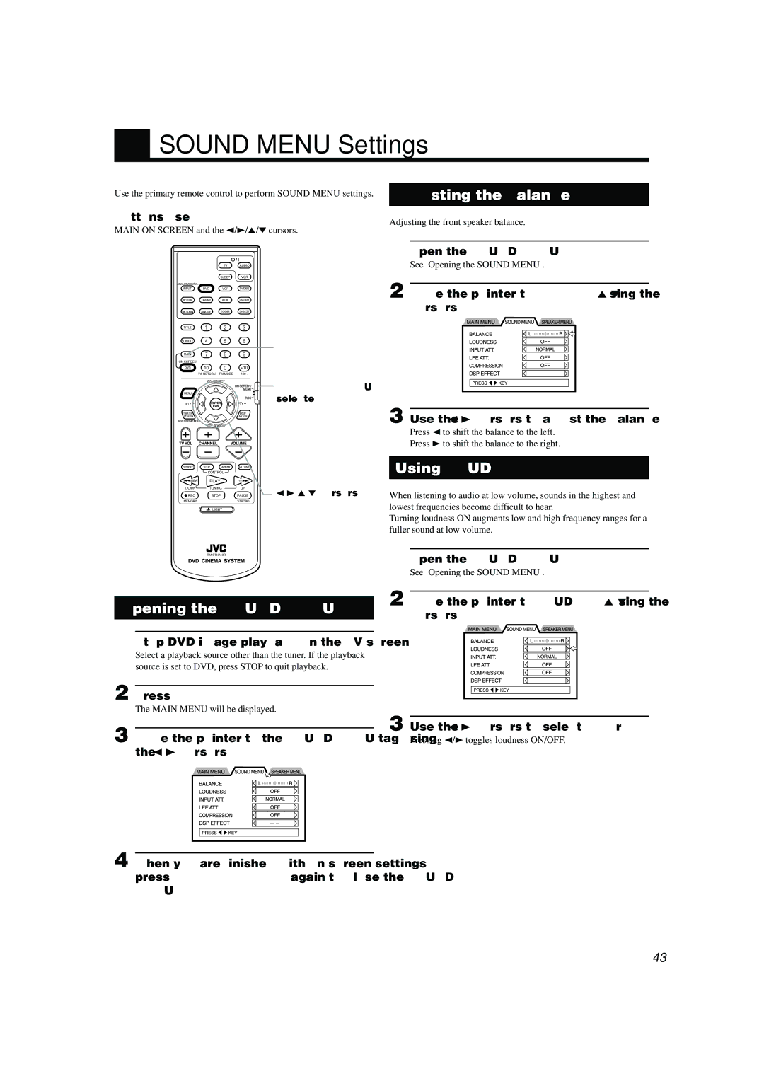 JVC TH-A10R manual Sound Menu Settings, Adjusting the balance, Using Loudness, Opening the Sound Menu, Open the Sound Menu 