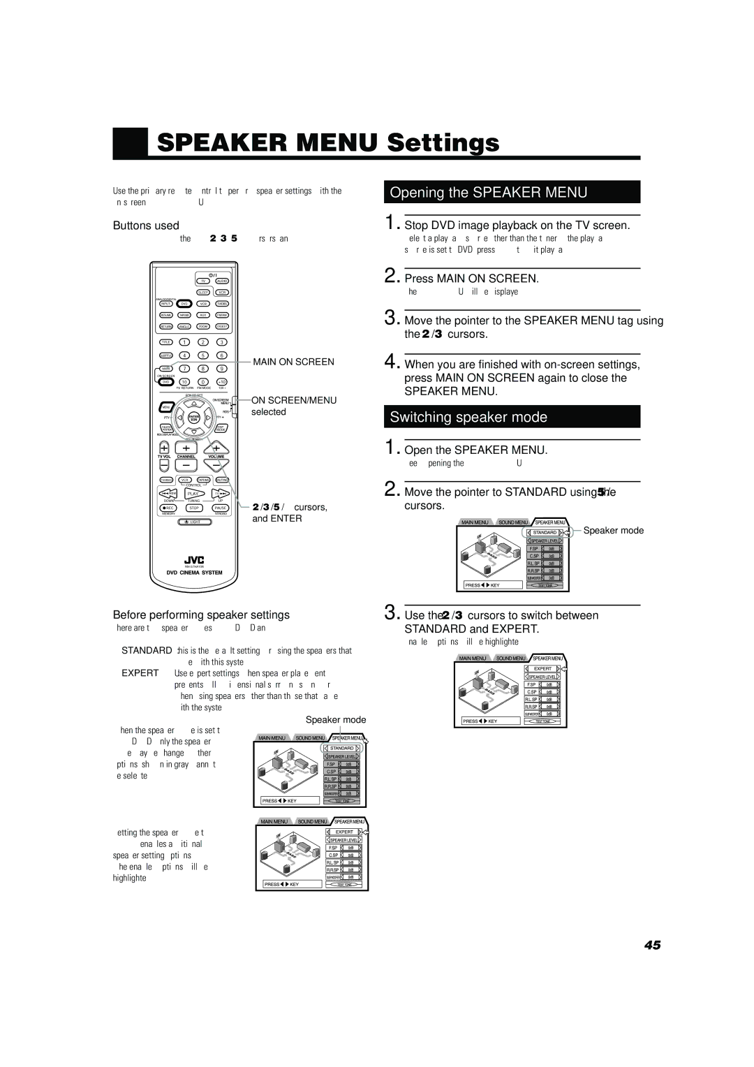 JVC TH-A10R manual Speaker Menu Settings, Opening the Speaker Menu, Switching speaker mode 