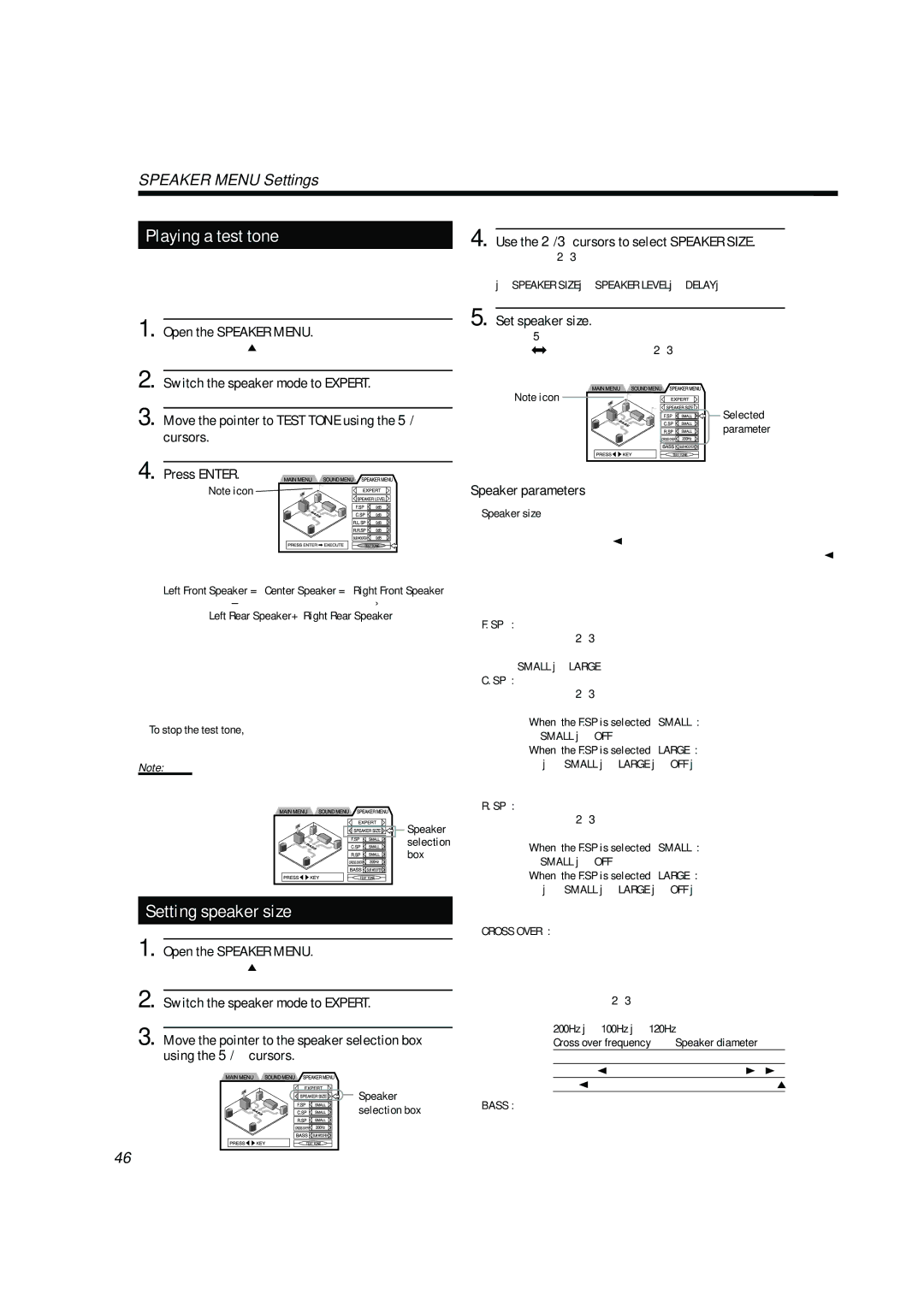 JVC TH-A10R manual Setting speaker size, Use the 2/3cursors to select Speaker Size, Set speaker size, Speaker parameters 