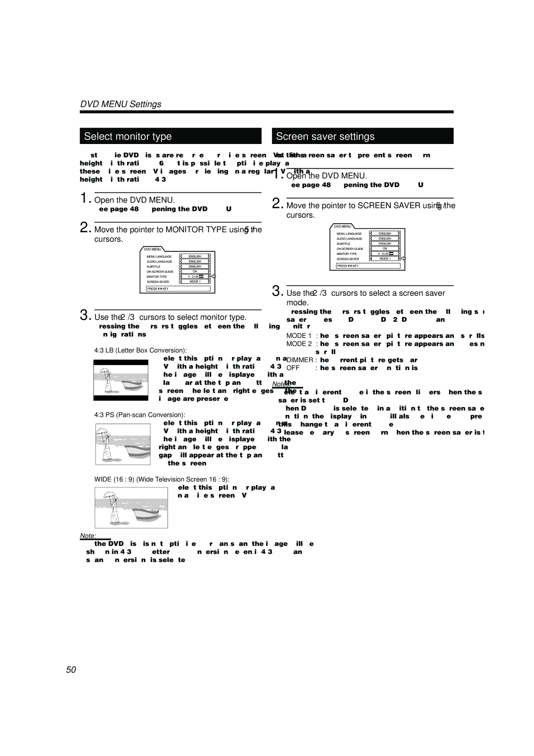 JVC TH-A10R manual Select monitor type, Screen saver settings, Mode 