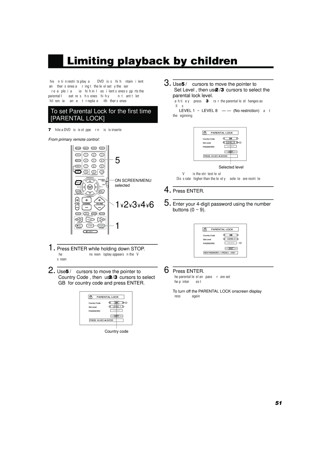 JVC TH-A10R manual Limiting playback by children, Parental lock level, Press Enter while holding down Stop, On SCREEN/MENU 